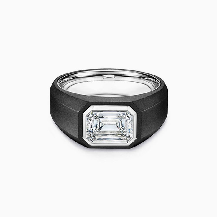 Emerald-Cut Solitaire Engagement Men's Black Gold Ring