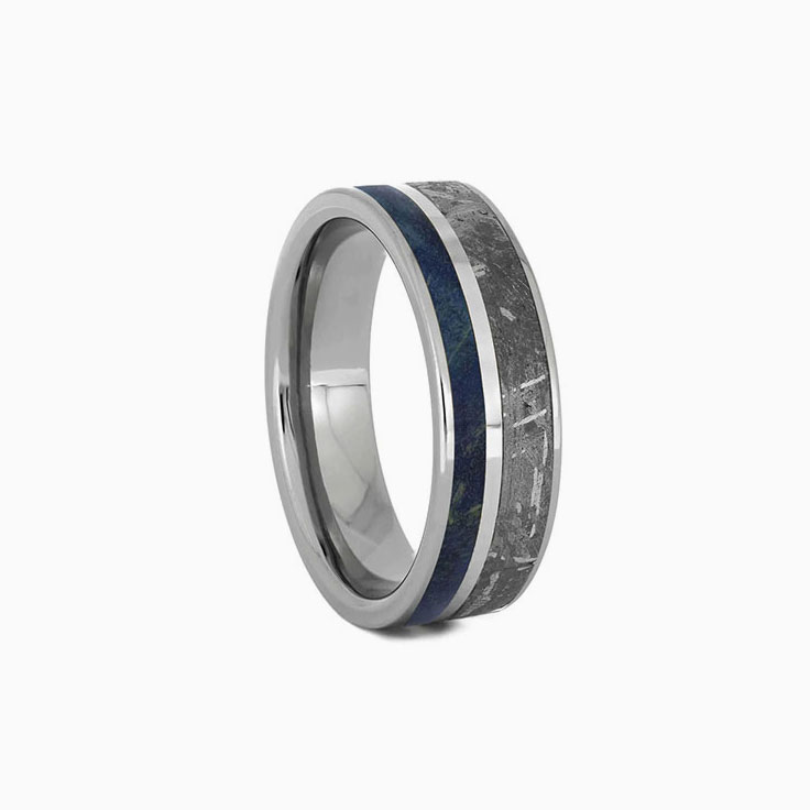 Men's Blue Wood And Meteorite Ring With Pinstripe
