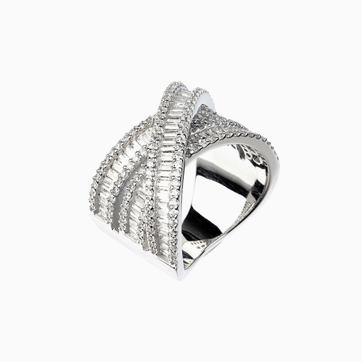 baguette diamond crossover ring
