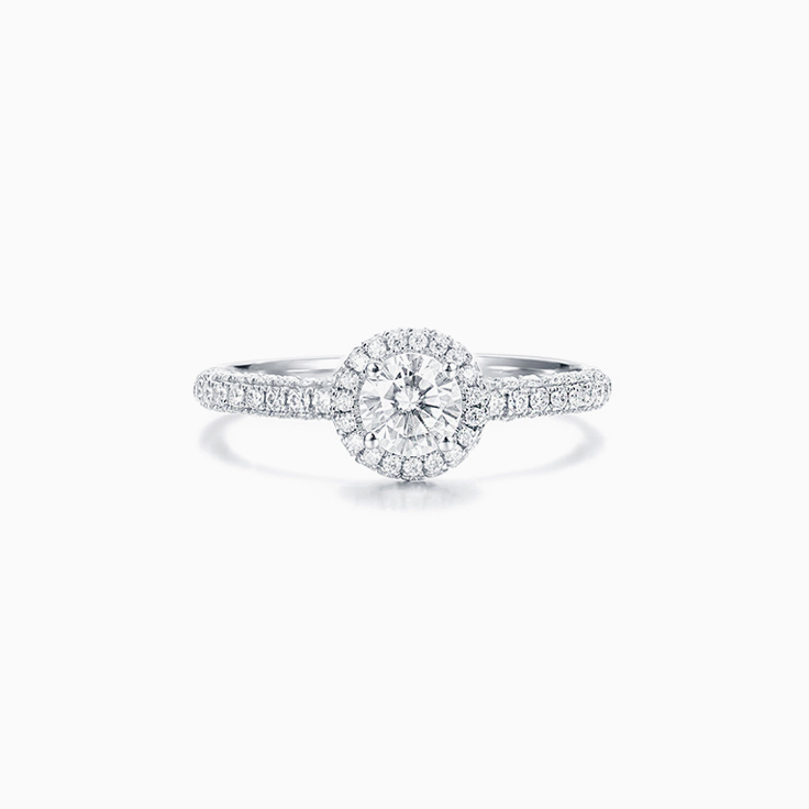 Round Brilliant cut with a 3D halo and Pave Band Engagement ring