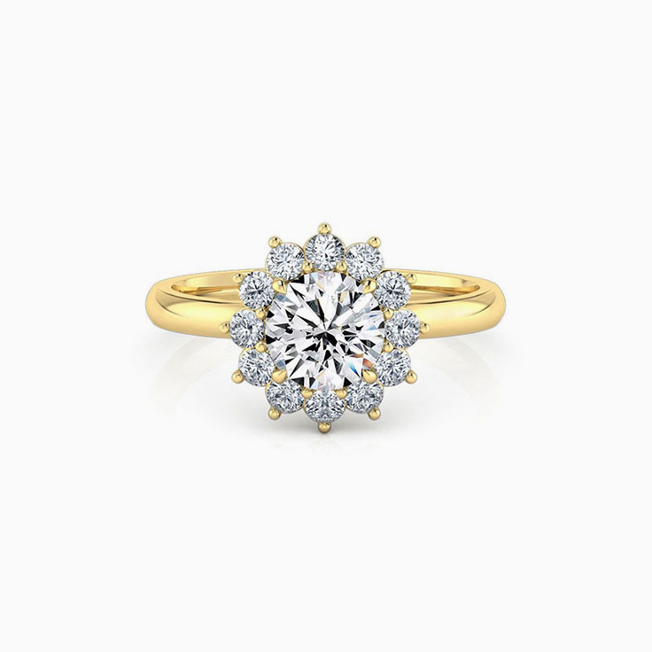 Round brilliant cut engagement ring with floral halo setting