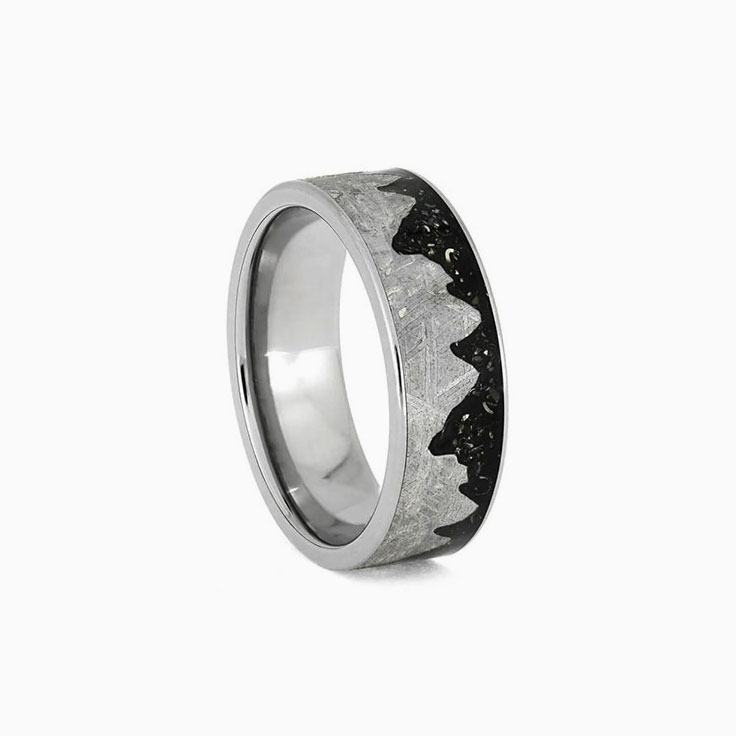 Mens Meteorite Ring with black stardust and Moonscape