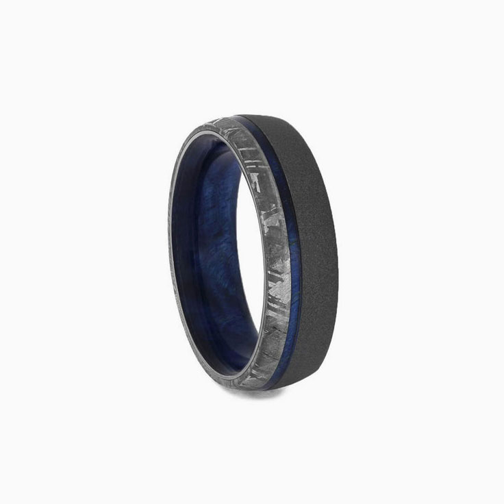 Meteorite Mens Wedding Band Wooden Ring With Sandblasted Titanium