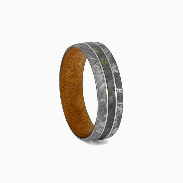 Dinosaur Bone Mens Band With Meteorite Wood Sleeve
