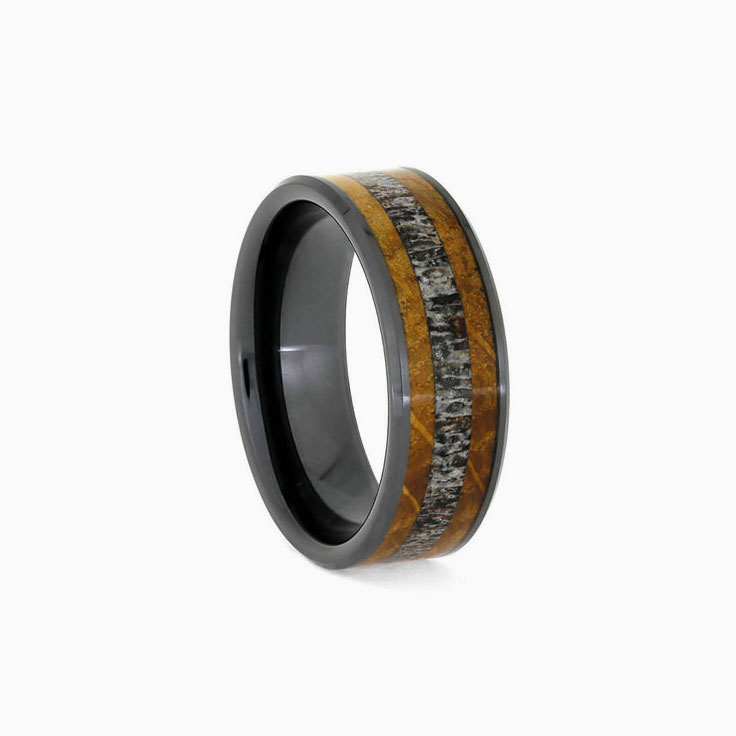 Antler Whiskey Oak Wood Mens Wedding Band