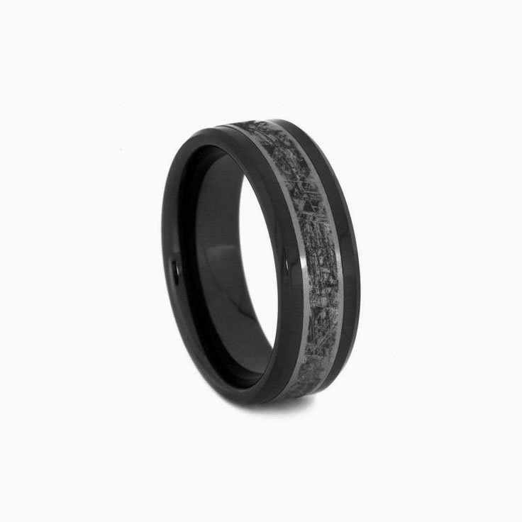 Mens Black Ceramic Wedding Band with Meteorite Pattern