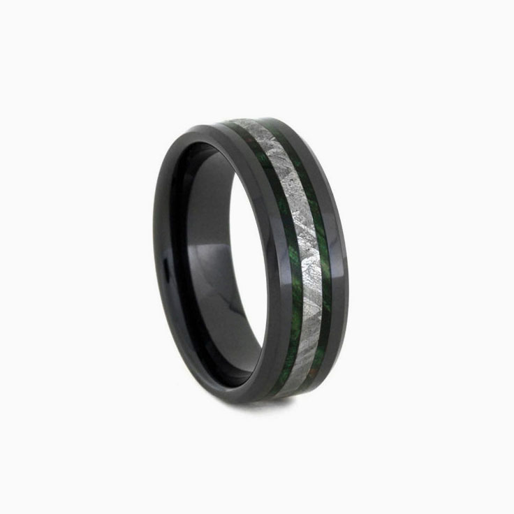 Black Ceramic Ring with Meteorite And Wood Inlays