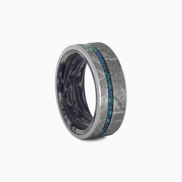 Crushed Opal Mens Ring With Mokume Sleeve And Meteorite
