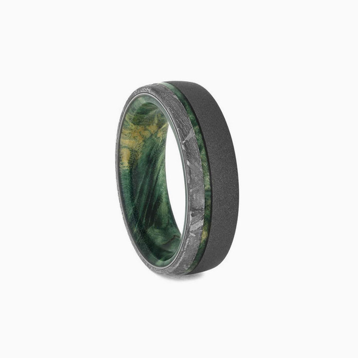 Meteorite And Sandblasted Mens Ring With Green Wood