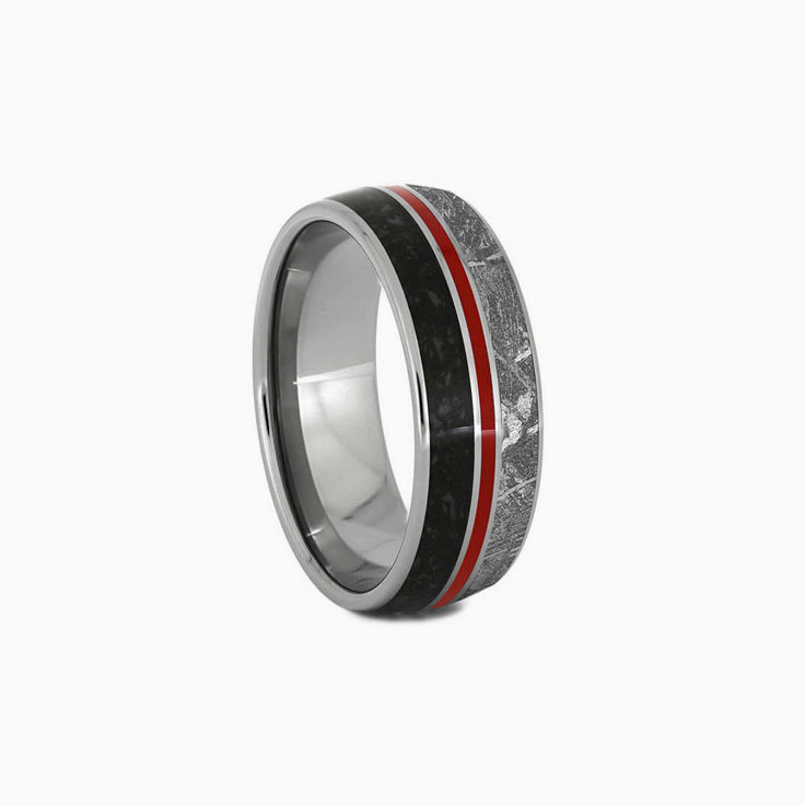 Dinosaur Meteorite Wedding Band with Red Enamel Pinstripe