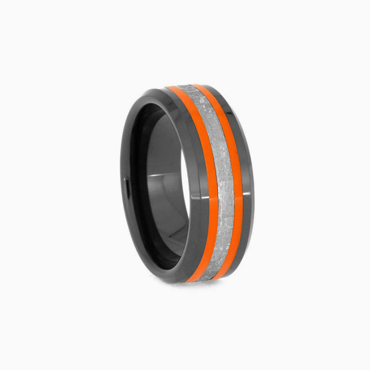 Mens Band With Orange Stripes And Meteorite