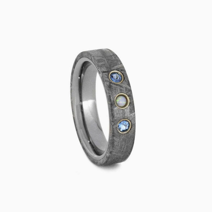 Meteorite And Gemstones Wedding Band