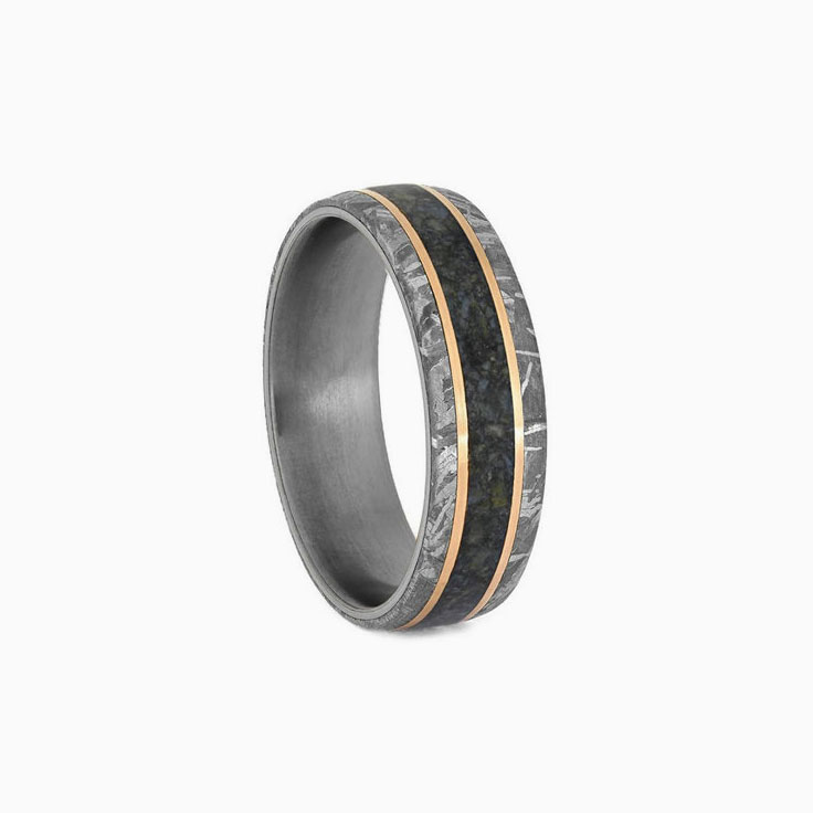 Dinosaur Bone Meteorite Wedding Band With Gold Pinstripes
