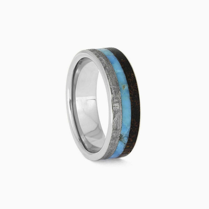 Mens Meteorite And Dino Bone Ring With Turquoise