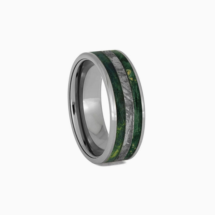 Green Box Elder Burl Meteorite Wedding Band
