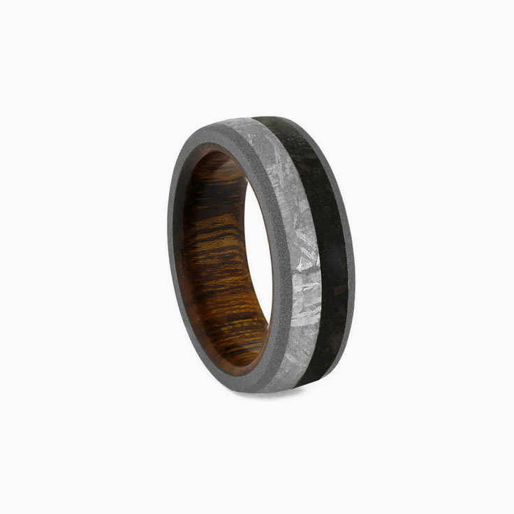 Mens Meteorite Ring with Wood Sleeve And Dinosaur Bone