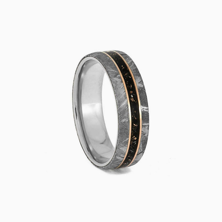 Mens Titanium Ring With Gold Pinstripes and Black Stardust