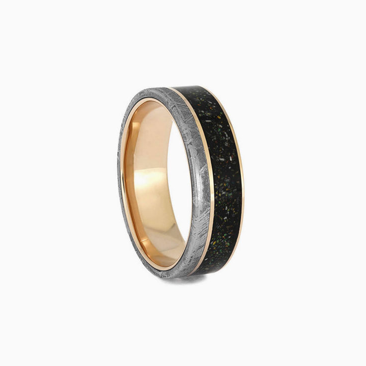 Black Stardust and Opal Wedding Band with Meteorite