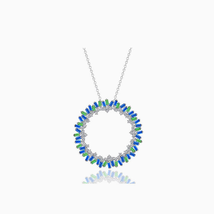 Diamond And Blue Green Sapphire Circle Pendant Necklace