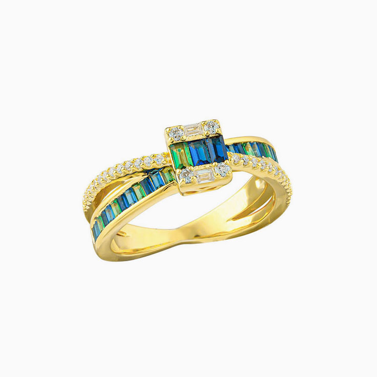 Diamond And Blue-Green Sapphire Square Ring