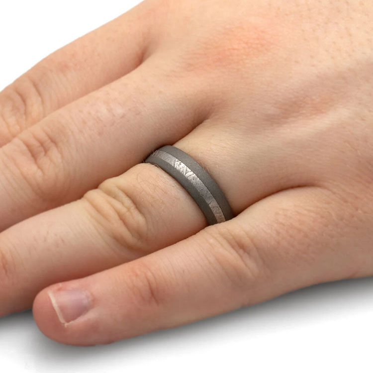 Mens Meteorite Ring With Sandblasted Titanium