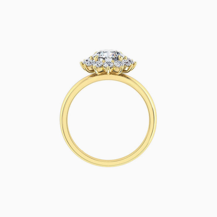Round brilliant cut engagement ring with floral halo setting