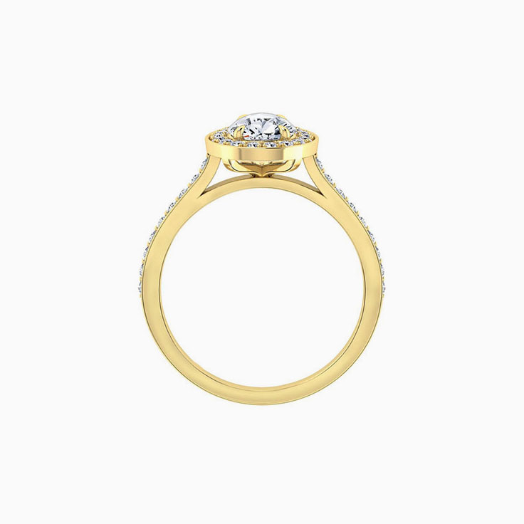 Pear cut diamond engagement ring with pave halo