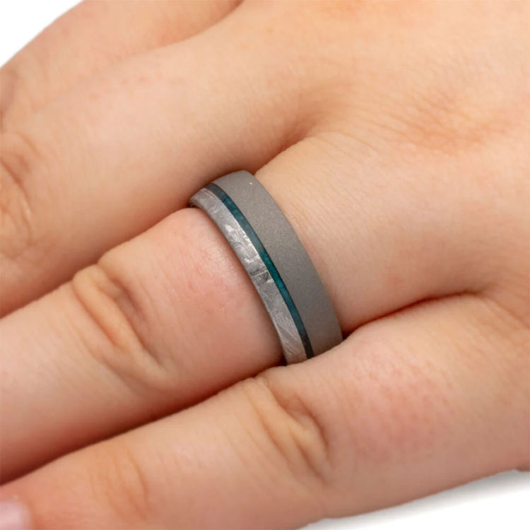 Meteorite Mens Wedding Band Wooden Ring With Sandblasted Titanium