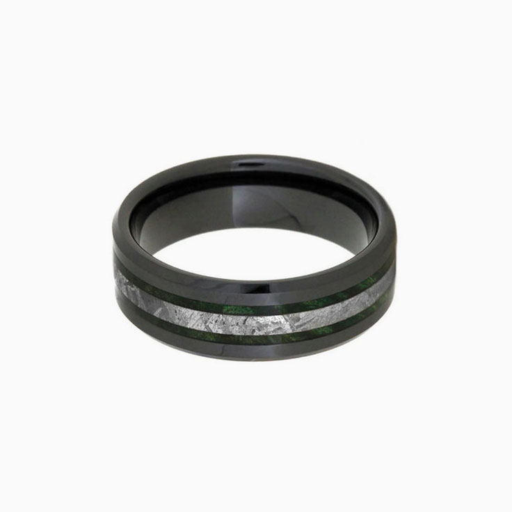 Black Ceramic Ring with Meteorite And Wood Inlays