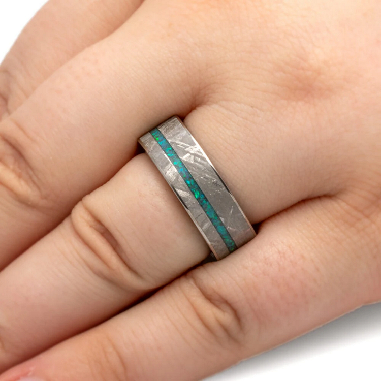 Crushed Opal Mens Ring With Mokume Sleeve And Meteorite
