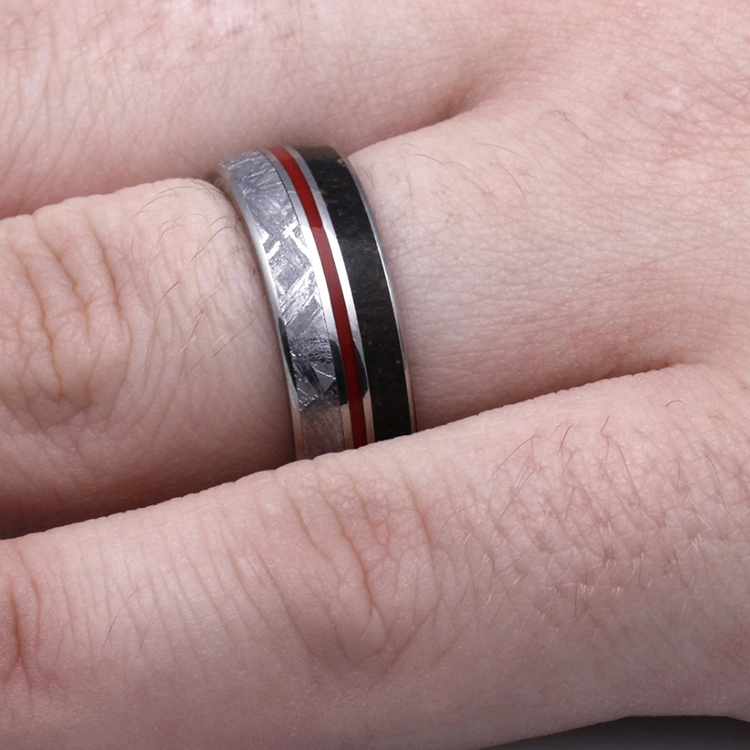 Dinosaur Meteorite Wedding Band with Red Enamel Pinstripe