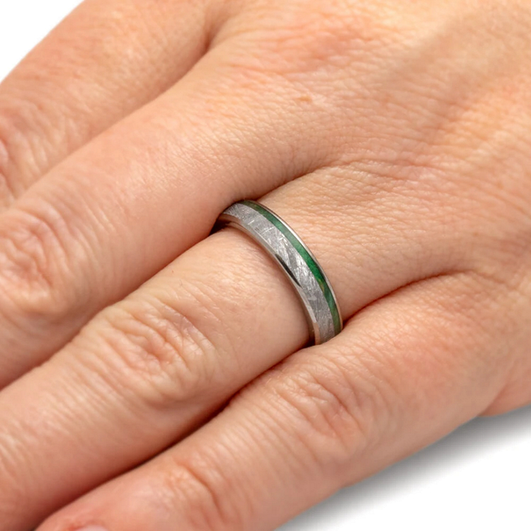 Meteorite And Green Wood Wedding Ring