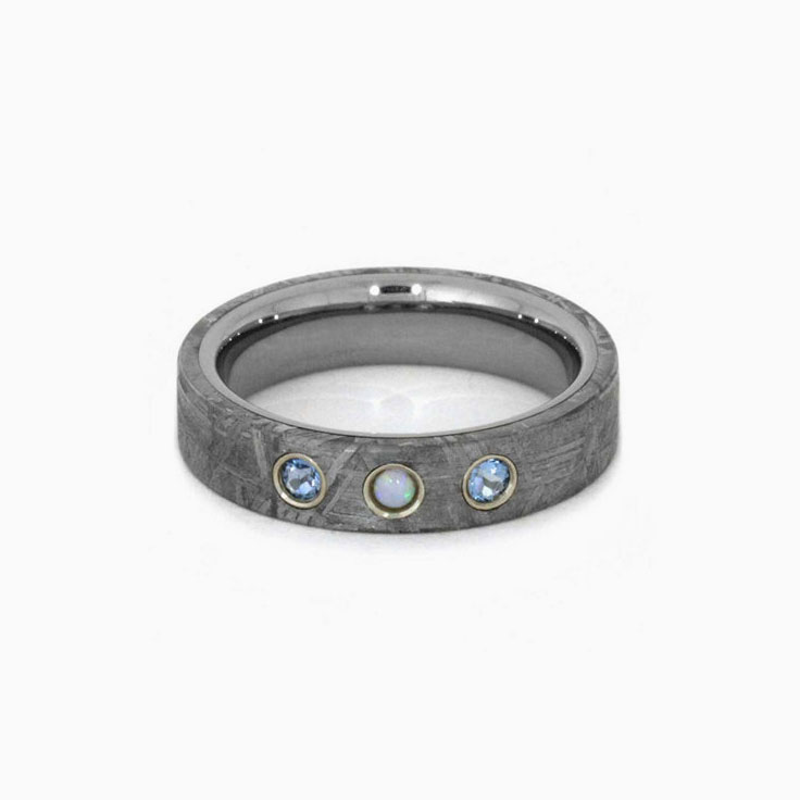 Meteorite And Gemstones Wedding Band
