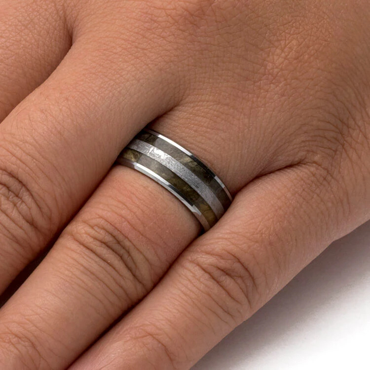 Mens Tungsten Ring With Whiskey Barrel Oak And Meteorite