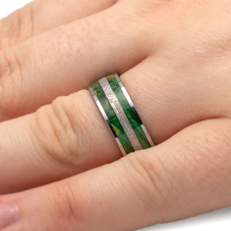 Green Box Elder Burl Meteorite Wedding Band