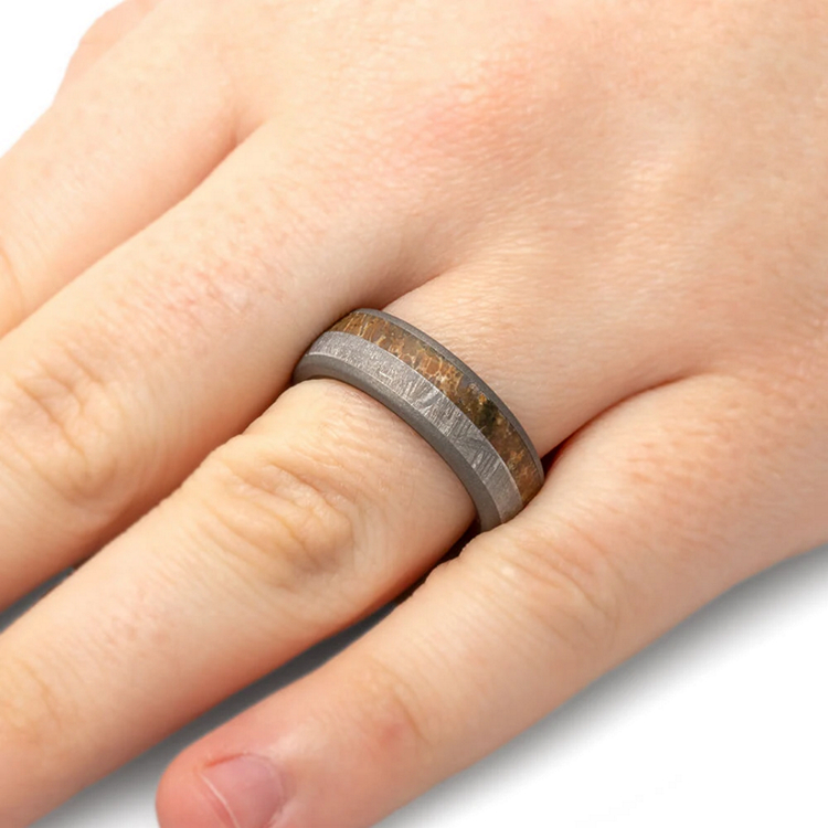 Mens Meteorite Ring with Wood Sleeve And Dinosaur Bone